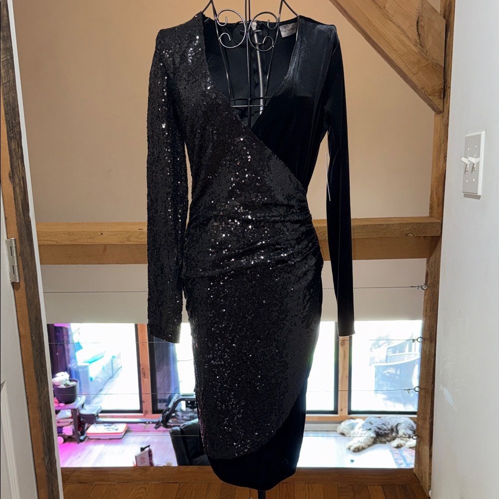 Sequin Wrap Long Sleeve Black Dress